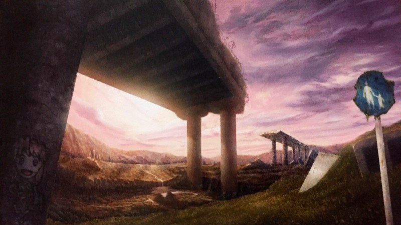 岡部遼太郎のアクリル画作品「離合」。夕暮れの高架橋の下の風景